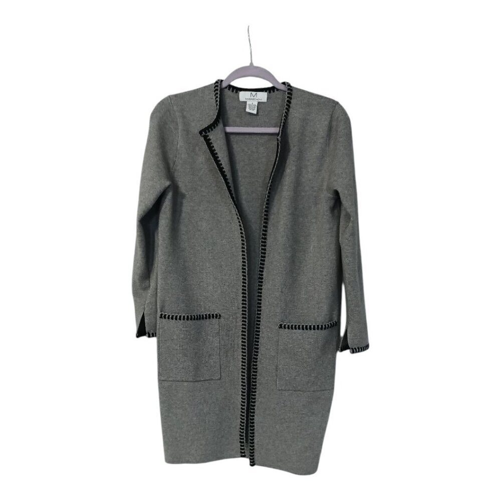 Magaschoni Open Front Cardigan Gray Black Trim Size S Long Midi Blazer Sweater